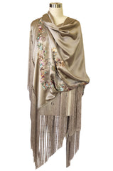 1990s John Galliano Gold Toned Silk w Fringe & Embroidery Couture Scarf