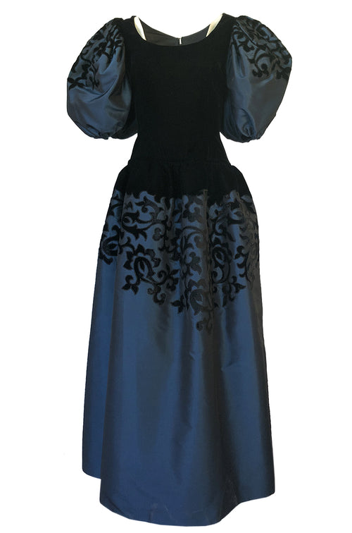 Fall 1981 Oscar de la Renta Blue Silk & Velvet Applique Dress w Pouf Sleeves