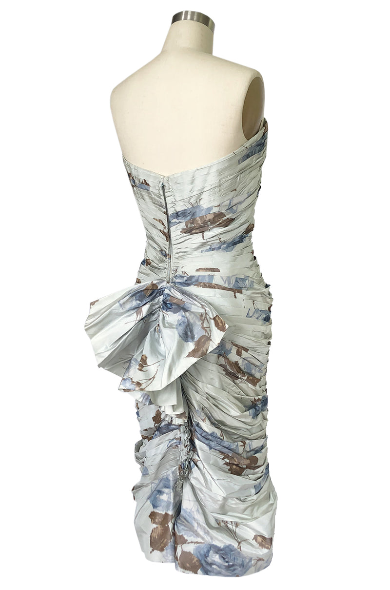 1950s Philip Hulitar Couture Floral Printed Silk Knife Pleated Dress