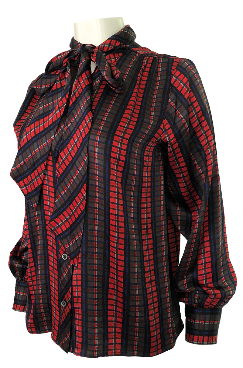 1970s Yves Saint Laurent Red Silk Silk Top w Tie Neck