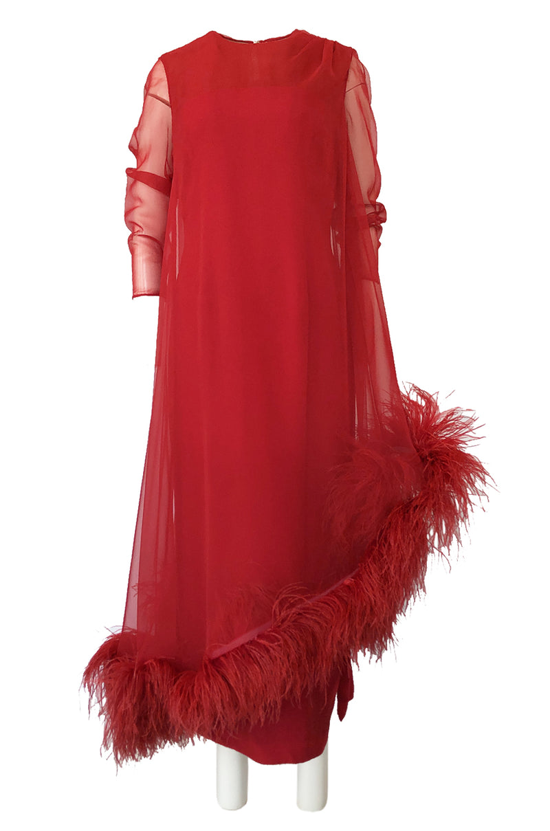 1960s Unlabeled Red Silk Chiffon Caftan Dress w Red Feather Trim