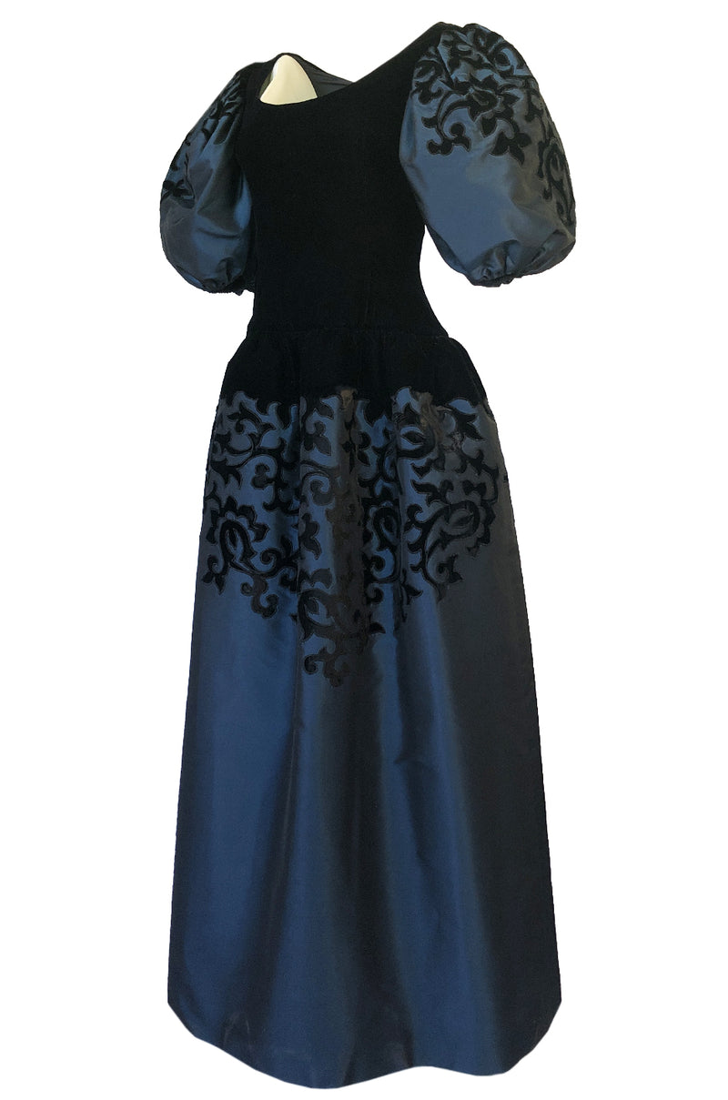 Fall 1981 Oscar de la Renta Blue Silk & Velvet Applique Dress w Pouf Sleeves