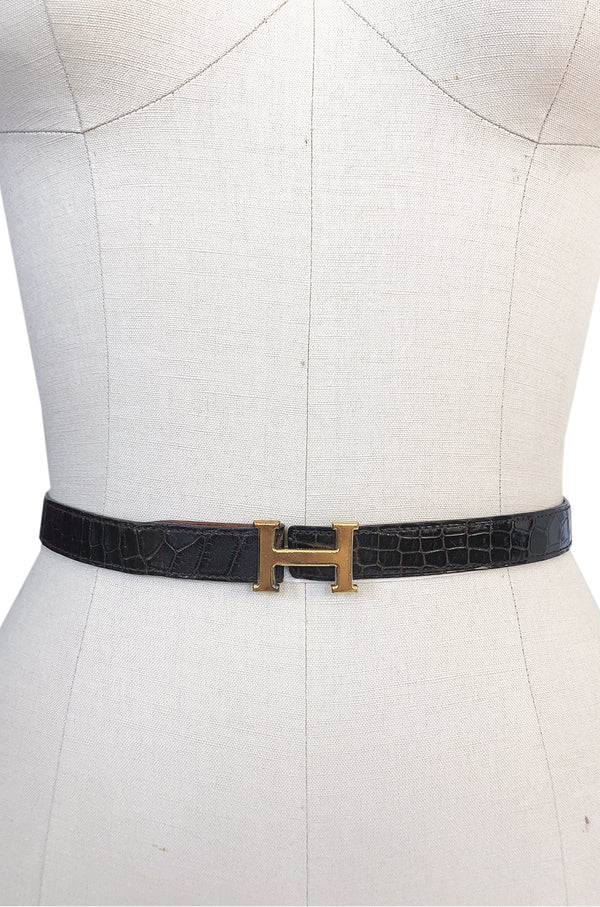 1974 Hermes Authentic Brown Crocodile and Gold H Belt