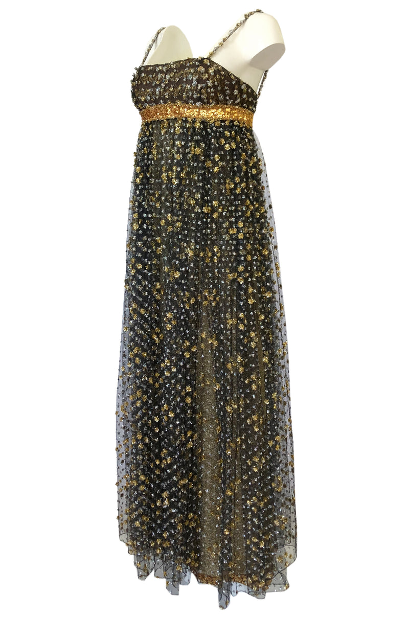 Fall 1968 James Galanos Couture Metallic Gold and Silver Detail on Net Dress