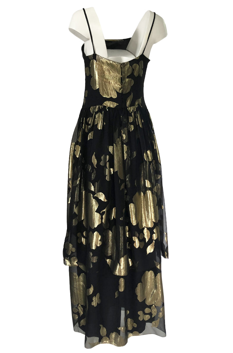 1970s Hanae Mori Gold Metallic Lame Floral Printed Black Silk Chiffon Dress