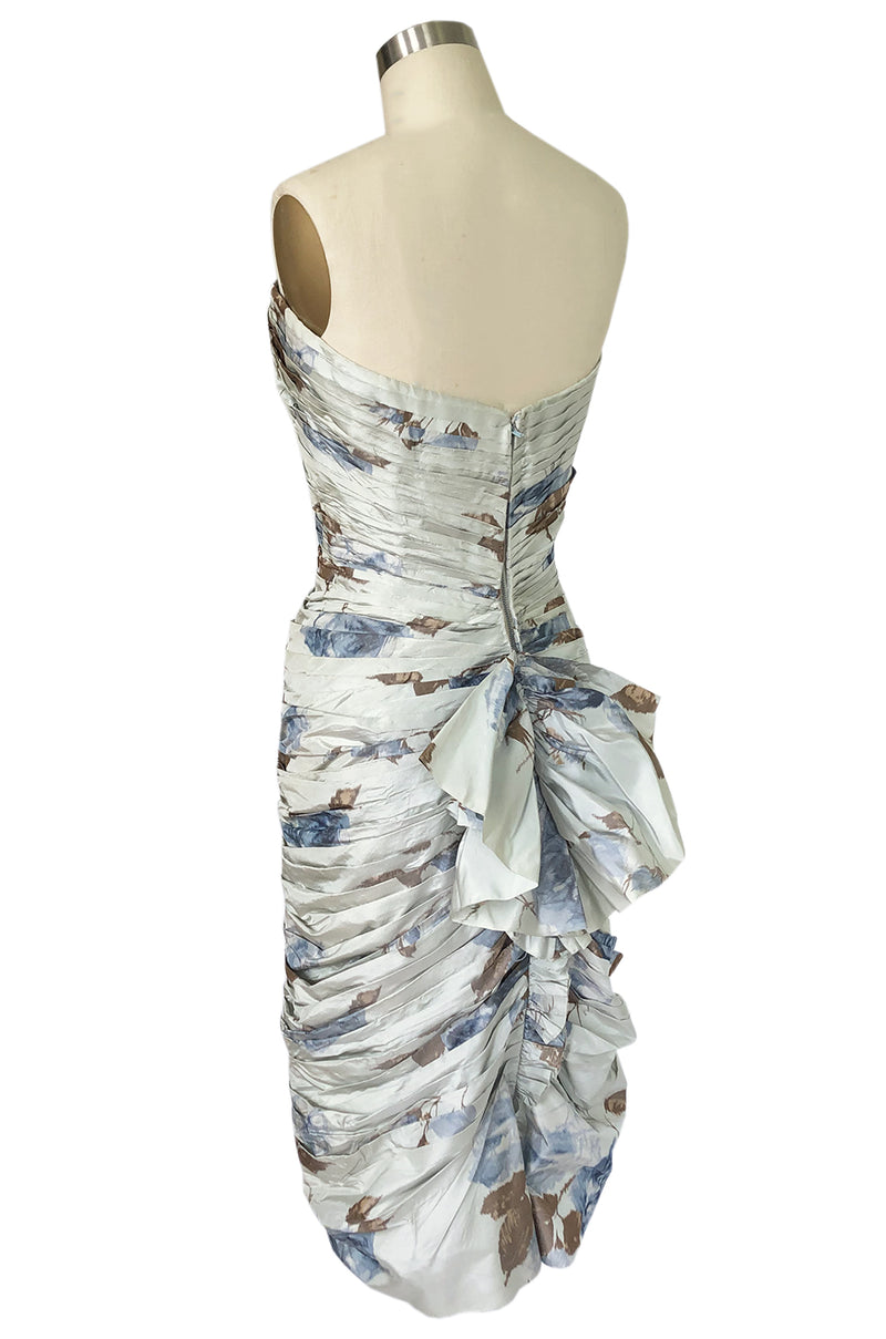 1950s Philip Hulitar Couture Floral Printed Silk Knife Pleated Dress