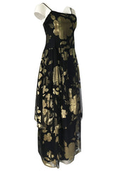 1970s Hanae Mori Gold Metallic Lame Floral Printed Black Silk Chiffon Dress