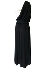 1980s Bill Blass Draped Black and White Jersey One Shoulder Dress