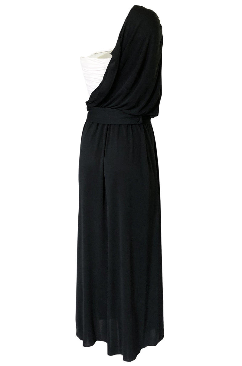 1980s Bill Blass Draped Black and White Jersey One Shoulder Dress