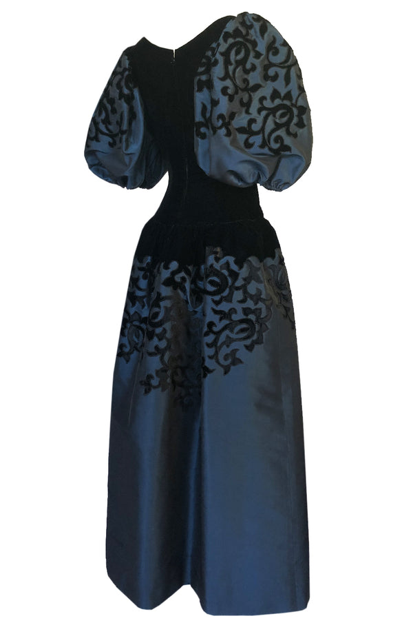 Fall 1981 Oscar de la Renta Blue Silk & Velvet Applique Dress w Pouf Sleeves