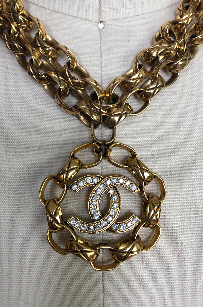 2003 Chanel Gold & Crystal Medallion Large Link Chain Necklace
