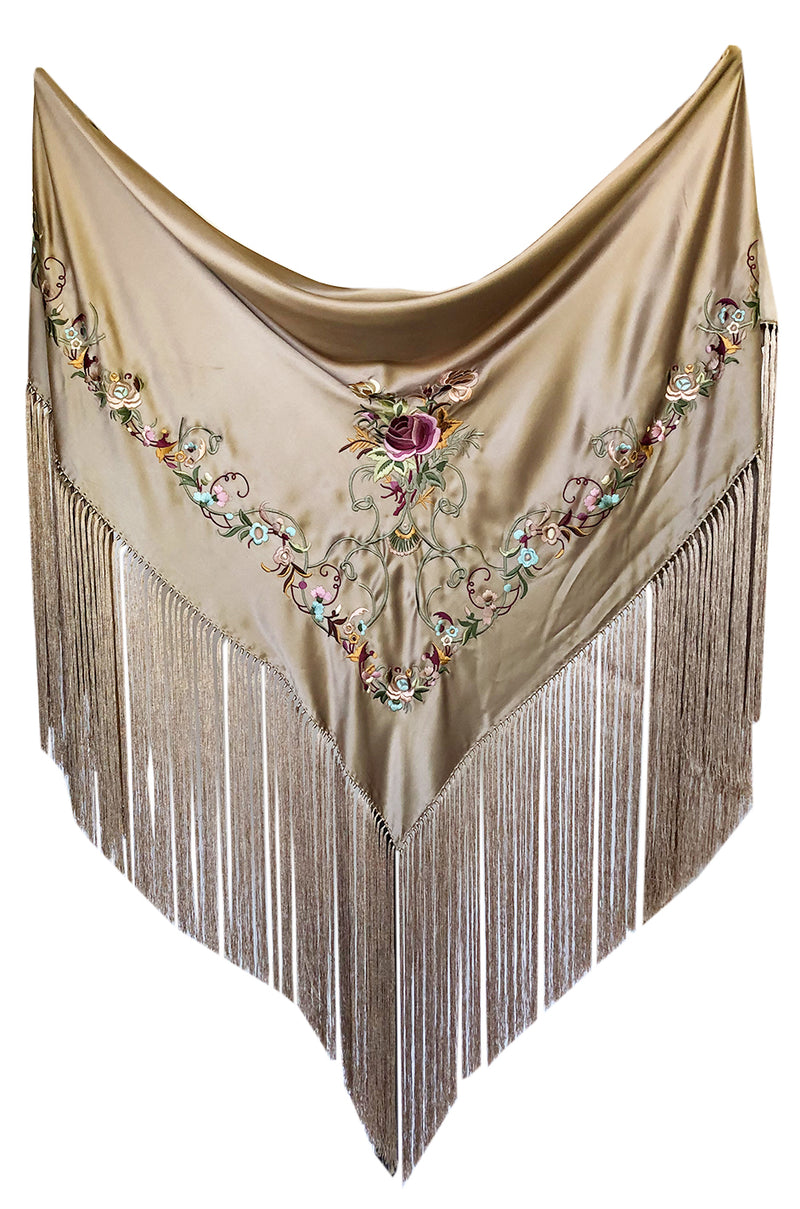 1990s John Galliano Gold Toned Silk w Fringe & Embroidery Couture Scarf