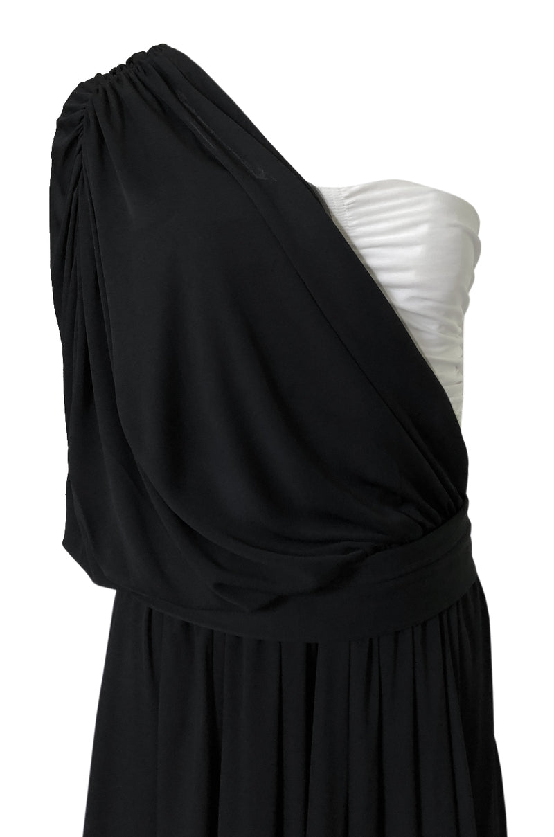 1980s Bill Blass Draped Black and White Jersey One Shoulder Dress