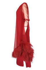 1960s Unlabeled Red Silk Chiffon Caftan Dress w Red Feather Trim