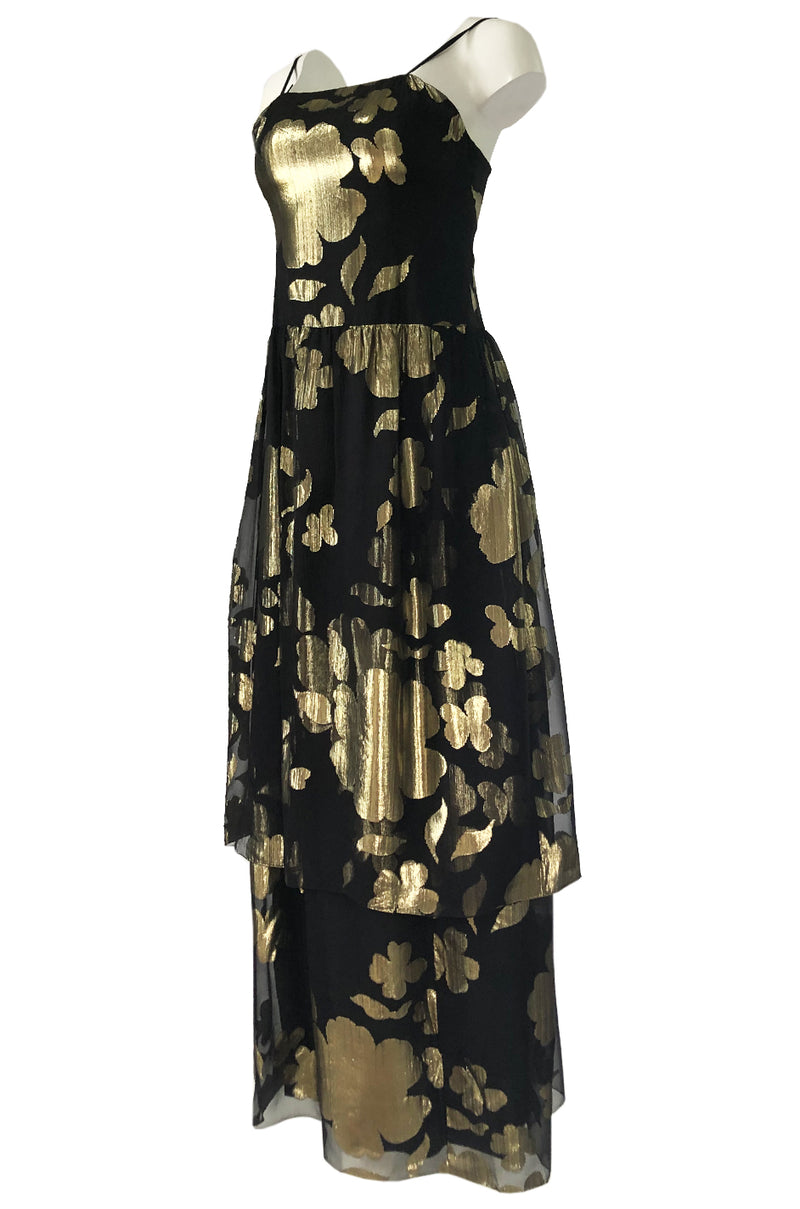 1970s Hanae Mori Gold Metallic Lame Floral Printed Black Silk Chiffon Dress