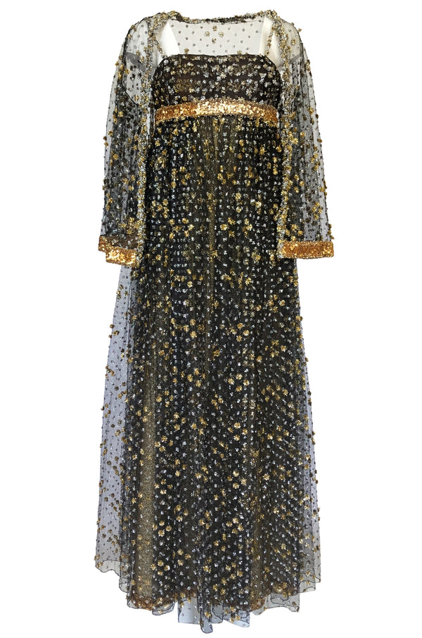Fall 1968 James Galanos Couture Metallic Gold and Silver Detail on Net Dress