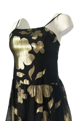 1970s Hanae Mori Gold Metallic Lame Floral Printed Black Silk Chiffon Dress