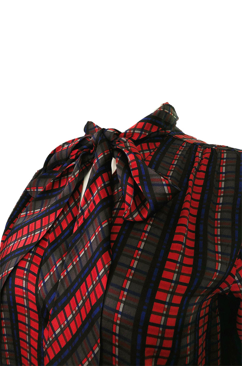 1970s Yves Saint Laurent Red Silk Silk Top w Tie Neck