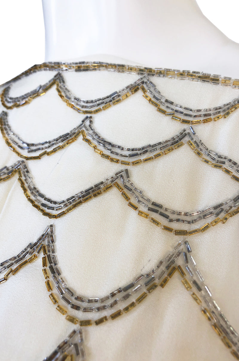 1960s Mr. Blackwell Gold & Silver Beaded Loop Design Ivory Silk Dress