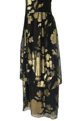 1970s Hanae Mori Gold Metallic Lame Floral Printed Black Silk Chiffon Dress