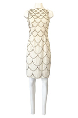 1960s Mr. Blackwell Gold & Silver Beaded Loop Design Ivory Silk Dress