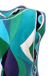 Rare c1968 Pucci Turquoise Print Towelling Velvet Split Side Caftan Dress