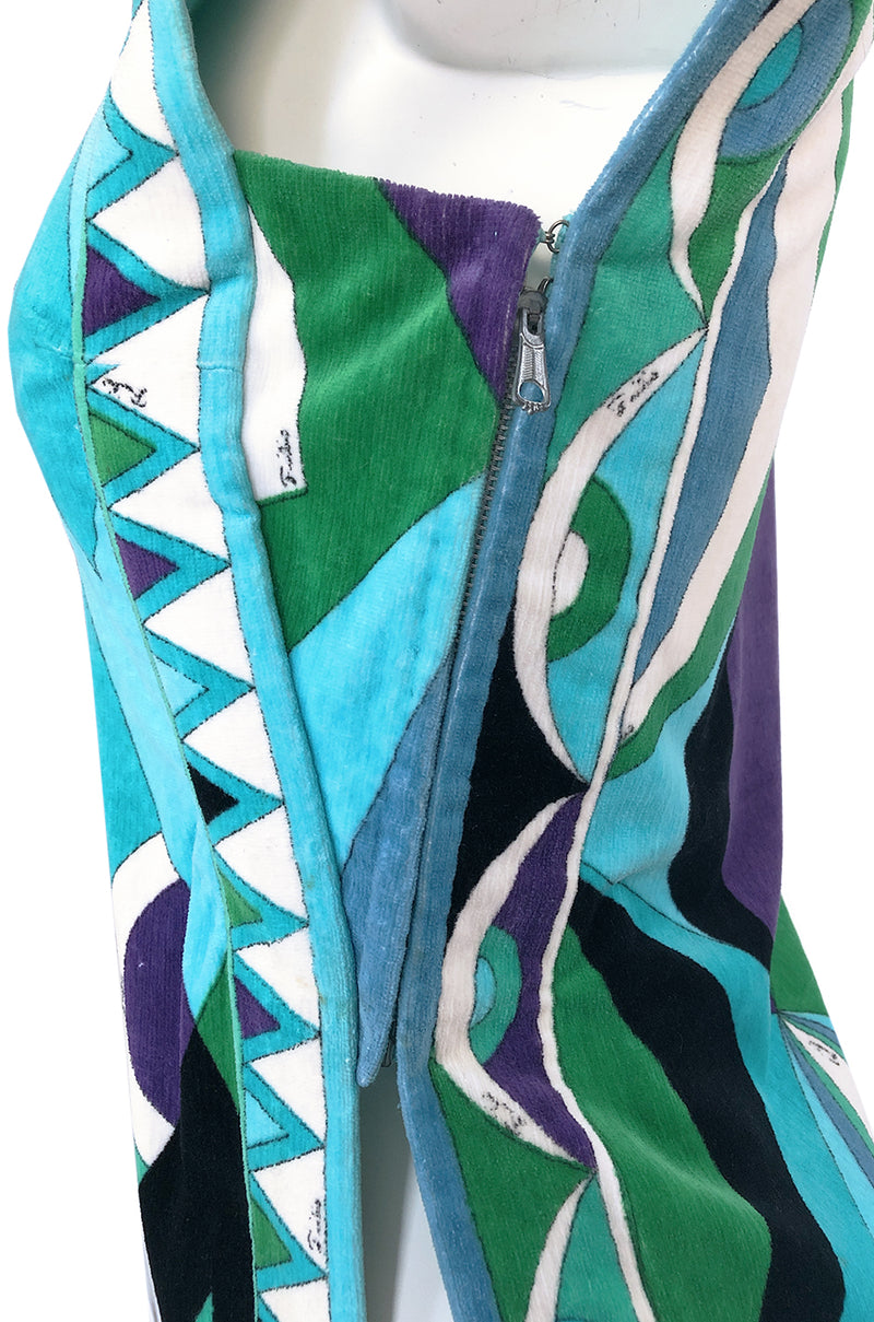 Rare c1968 Pucci Turquoise Print Towelling Velvet Split Side Caftan Dress