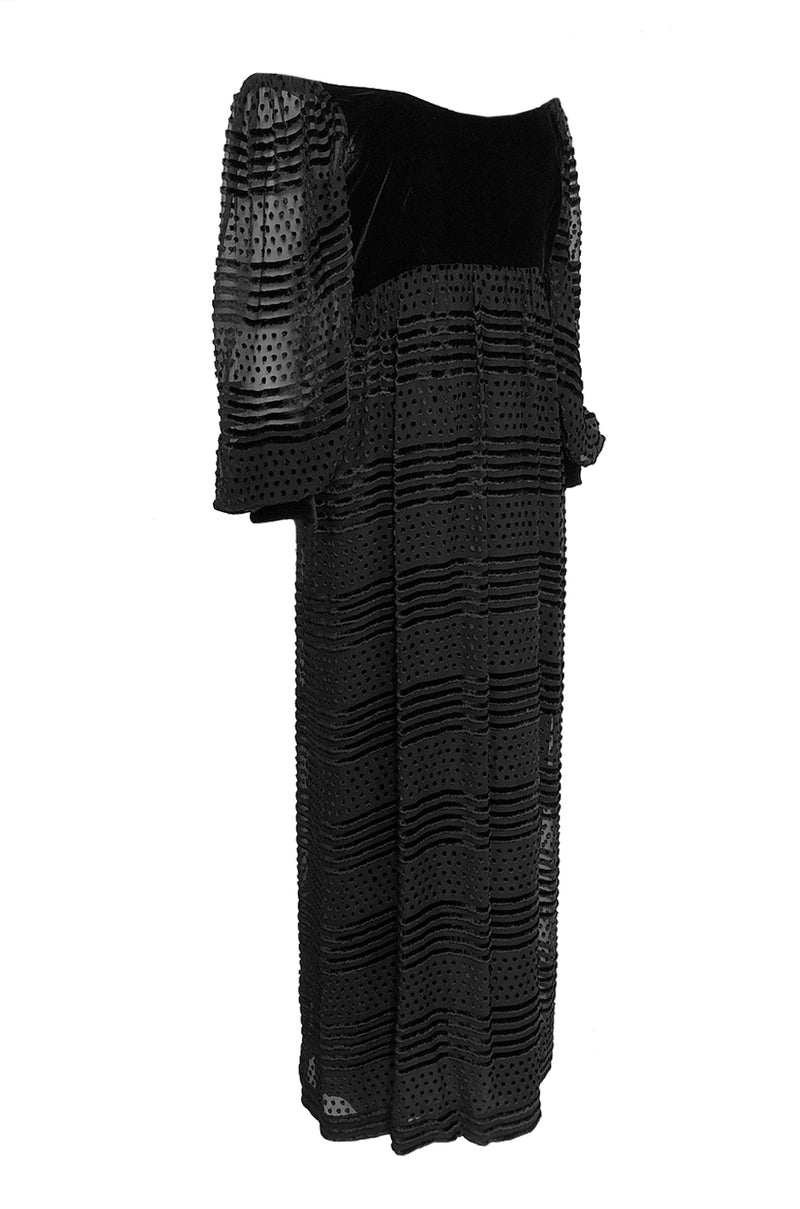 1970s Adele Simpson Off-Shoulder Pouf Sleeve Velvet  & Chiffon Dress