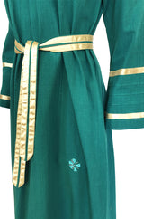 1960s Josefa Hand Embroidered Ribbon Detailed Teal Caftan Dress w Belt