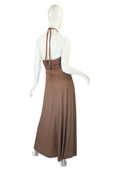 1970s Taupe Jersey Halter Maxi Dress