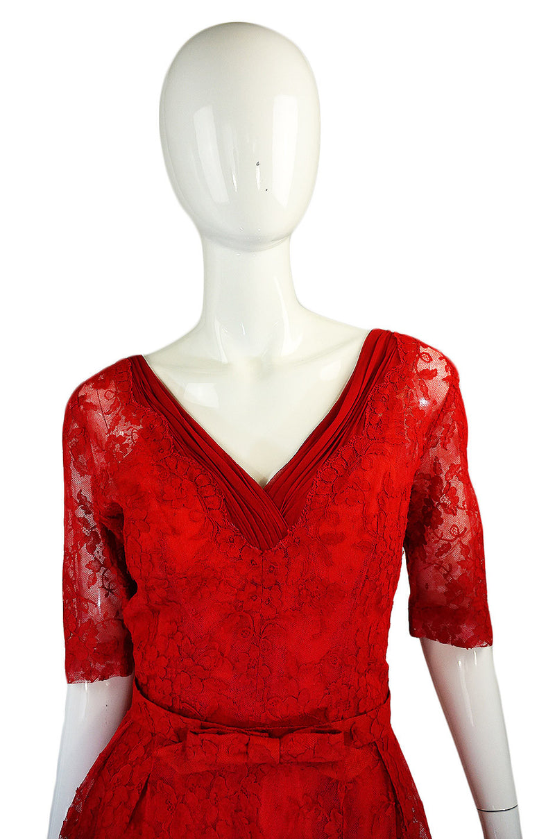 1950s Rare Red Lace Hardy Amies Dress