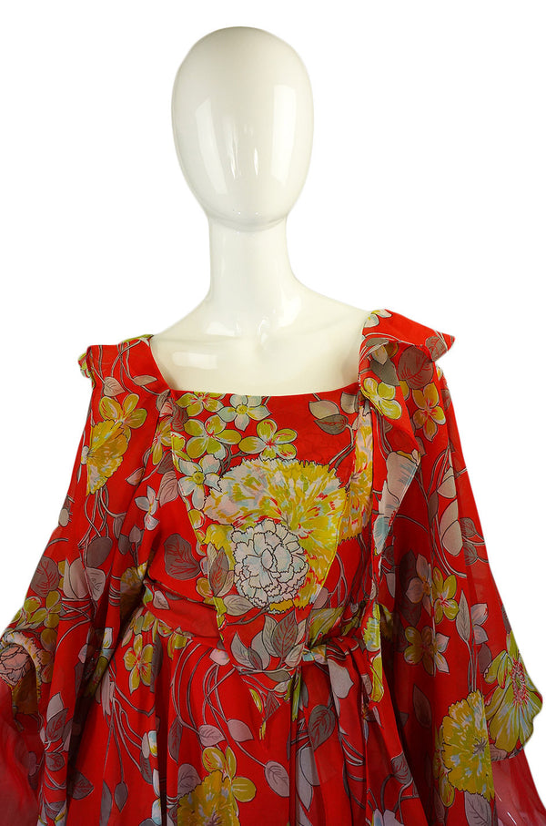 1960s Red Floral Print Jean Varon Caftan