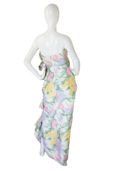 1980s Strapless Ruffled Pastel Silk Mignon Gown