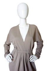1970s Taupe Grey Plunge Halston Dress
