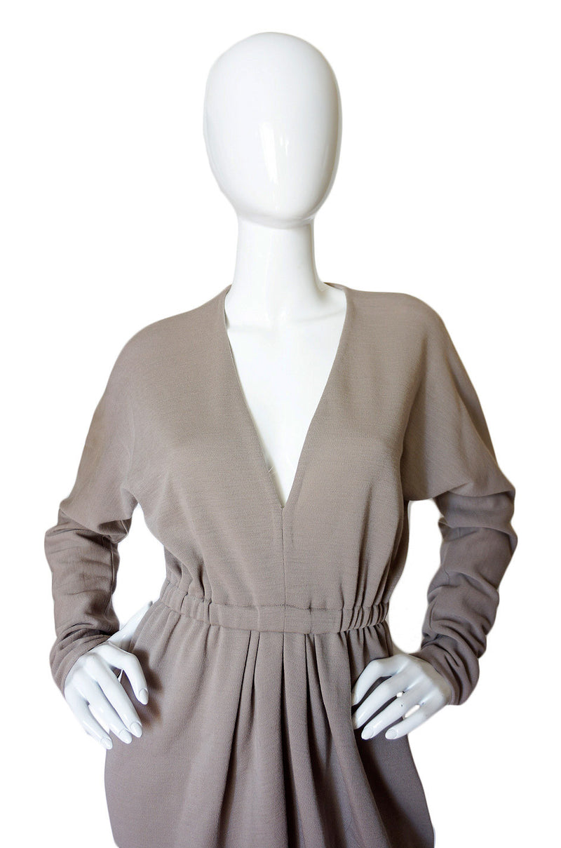 1970s Taupe Grey Plunge Halston Dress