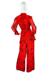 1970s Printed Red Silk Chiffon Set