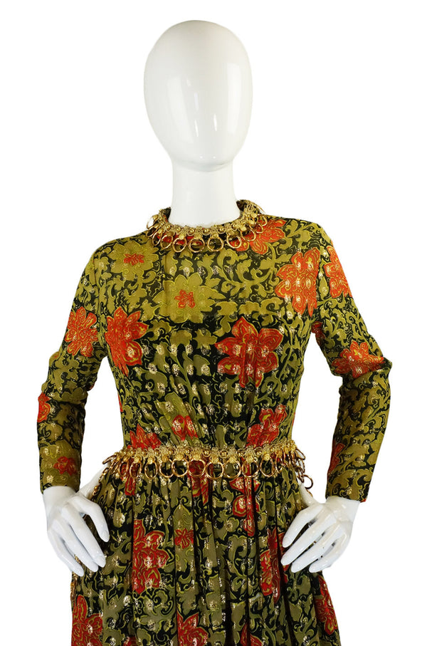 1970s Metal Ring Metallic Silk Maxi Dress