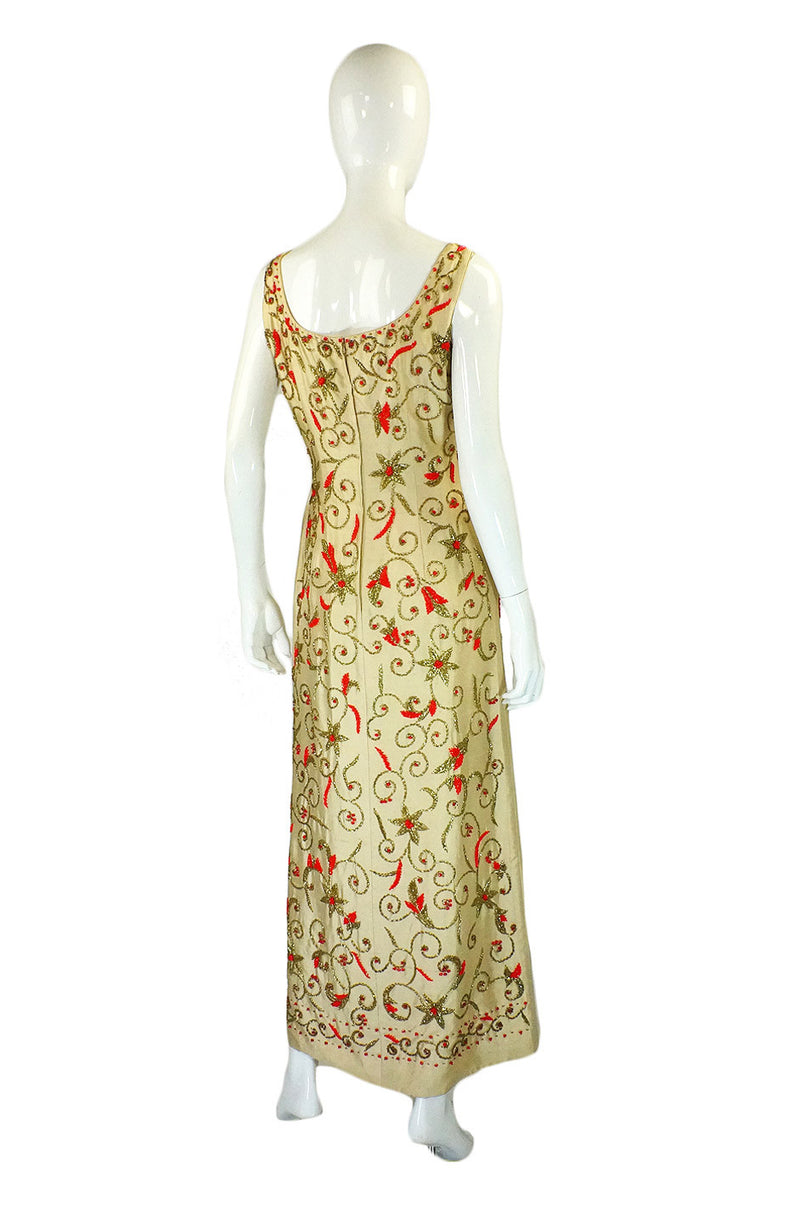 1950s Hand Beaded Silk Column Gown