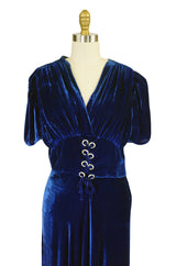 1930s Blue Silk Velvet Rhinestone Gown