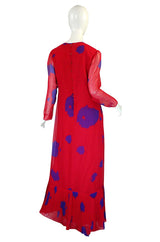 1970s Hanae Mori Silk Chiffon Cherry Red & Purple Dress
