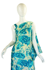 1950s Blue Print Draped Silk Wiggle Dress