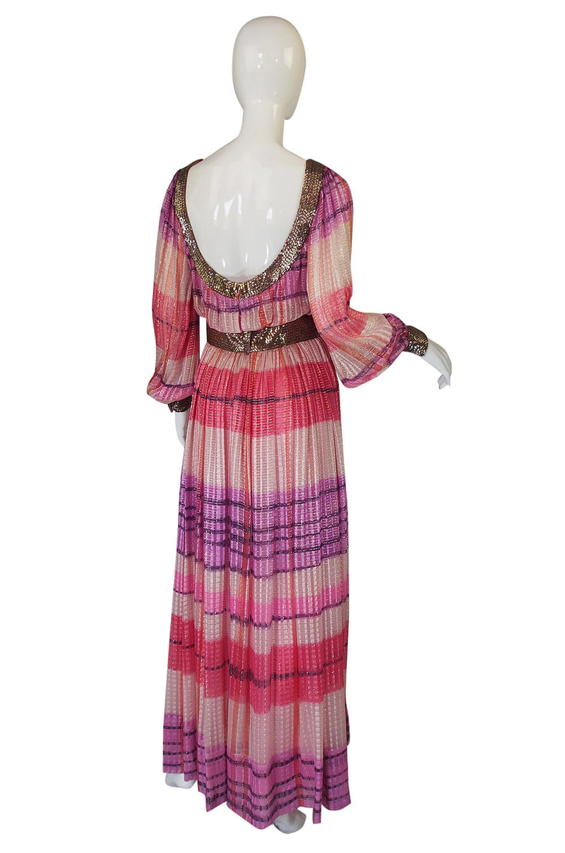 1960s Pink & Gold Silk Chiffon Dress with Silver Beading