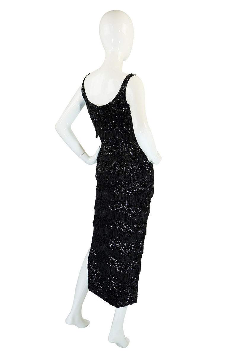 1950s Fully Sequined Fringe Black Dress