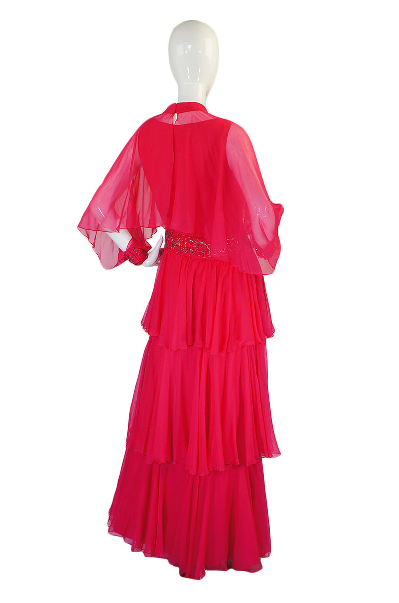 1960s Silk Chiffon Tiered Dress w Capelet