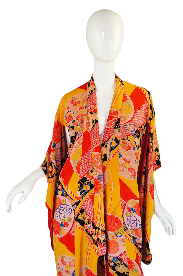 1930s Vibrant Coral Printed Silk Kimono