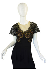 1940s Lace Illusion Peplum Crepe Dress