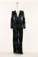 c. 1974 Ossie Clark Celia 'One Step Two Step' Celia Birtwell Print Black Jumpsuit