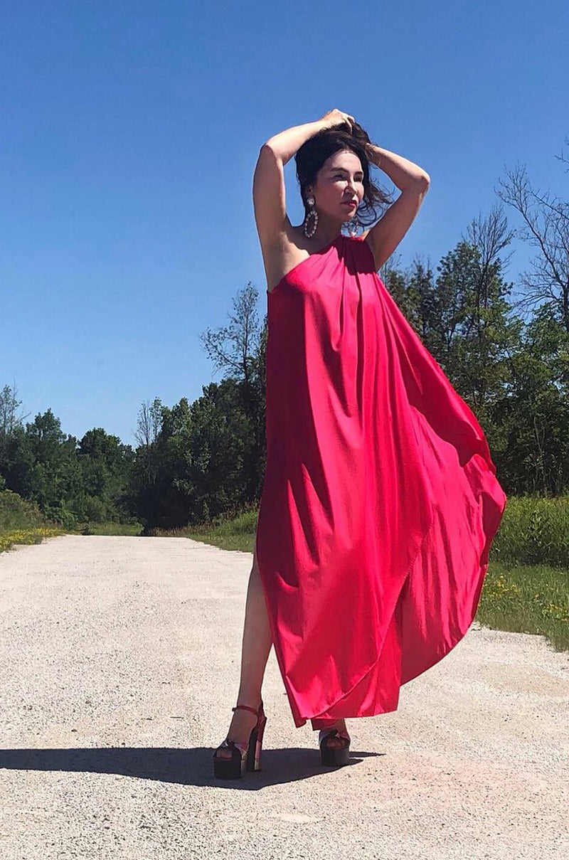 c.1978 Halston One Shoulder Draped Pink Nylon Jersey Full Length Maxi Dress