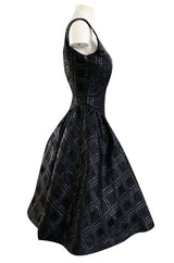 Early 1980s Nina Ricci Black Silk Metallic Lame Full Skirted Low Back Dress