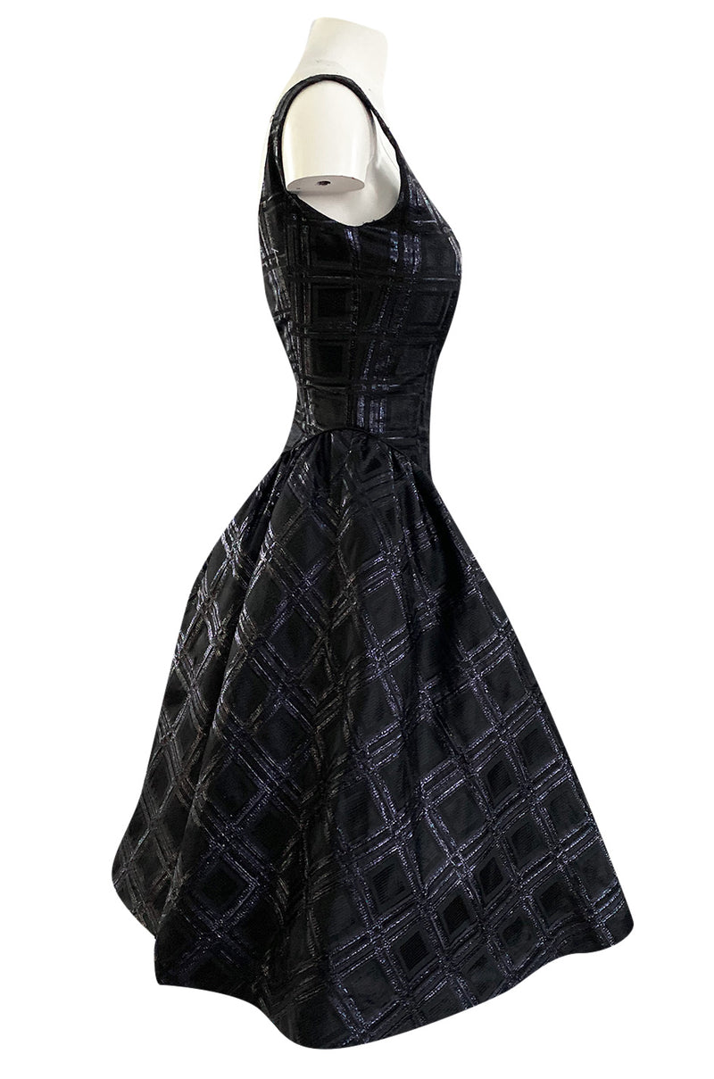 Early 1980s Nina Ricci Black Silk Metallic Lame Full Skirted Low Back Dress